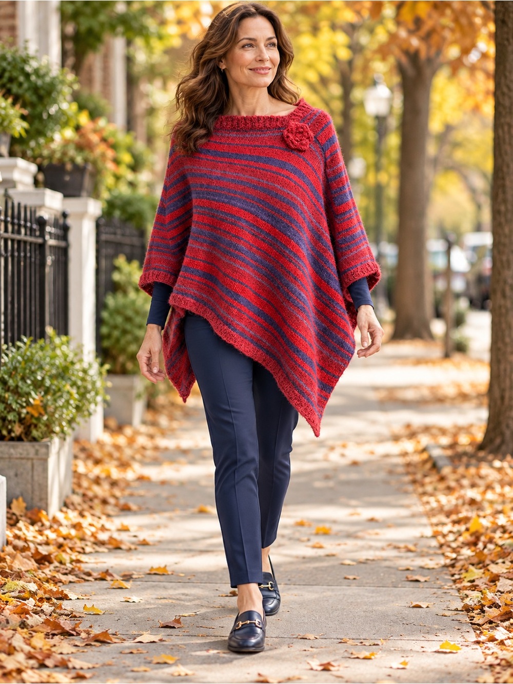 Max Studio Mohair Blend Striped Poncho Red Navy Floral One Size